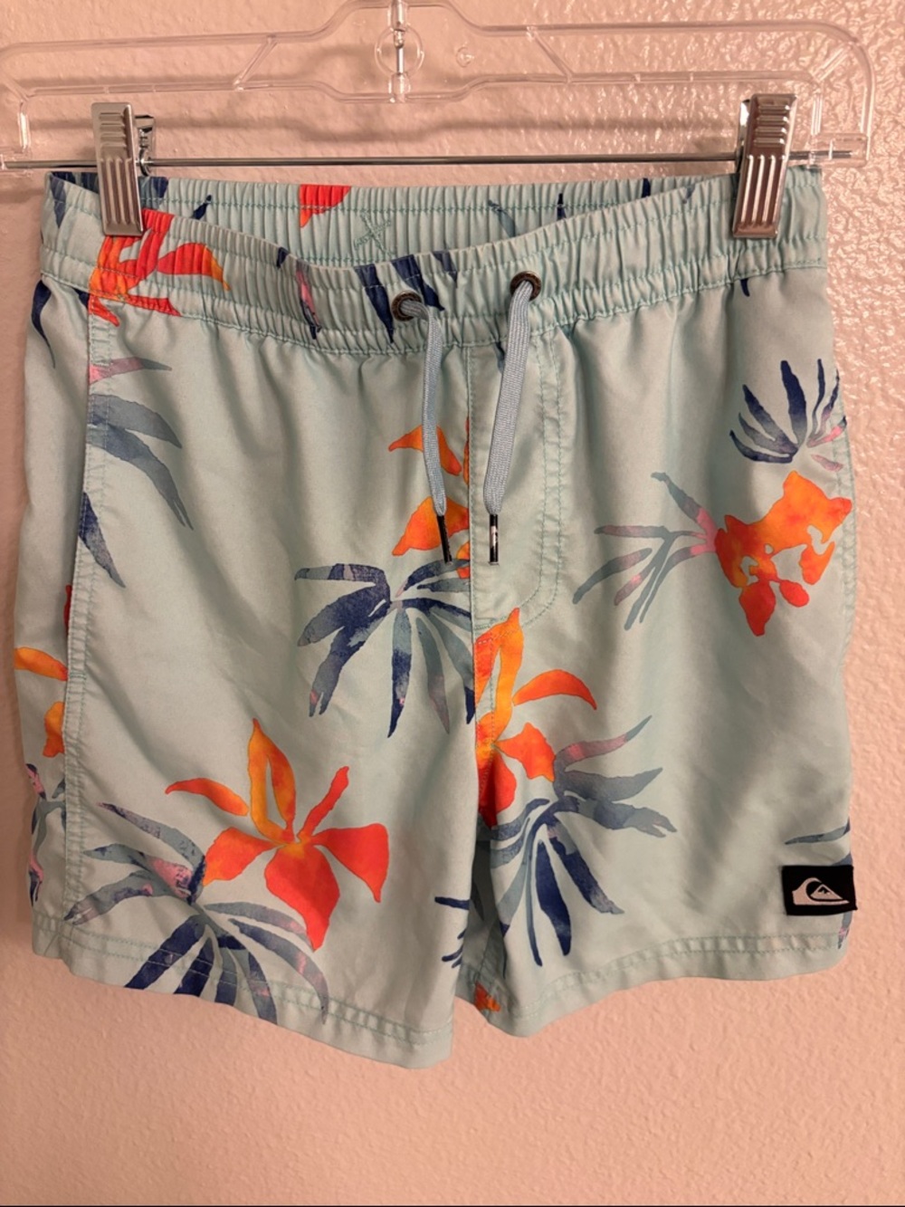 Quiksilver Light Blue Floral Swim Shorts with Orange Accents